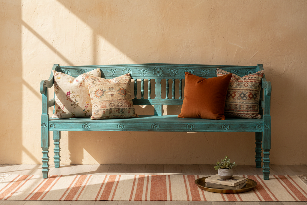 Teal Carved Bench — Entryway Setting