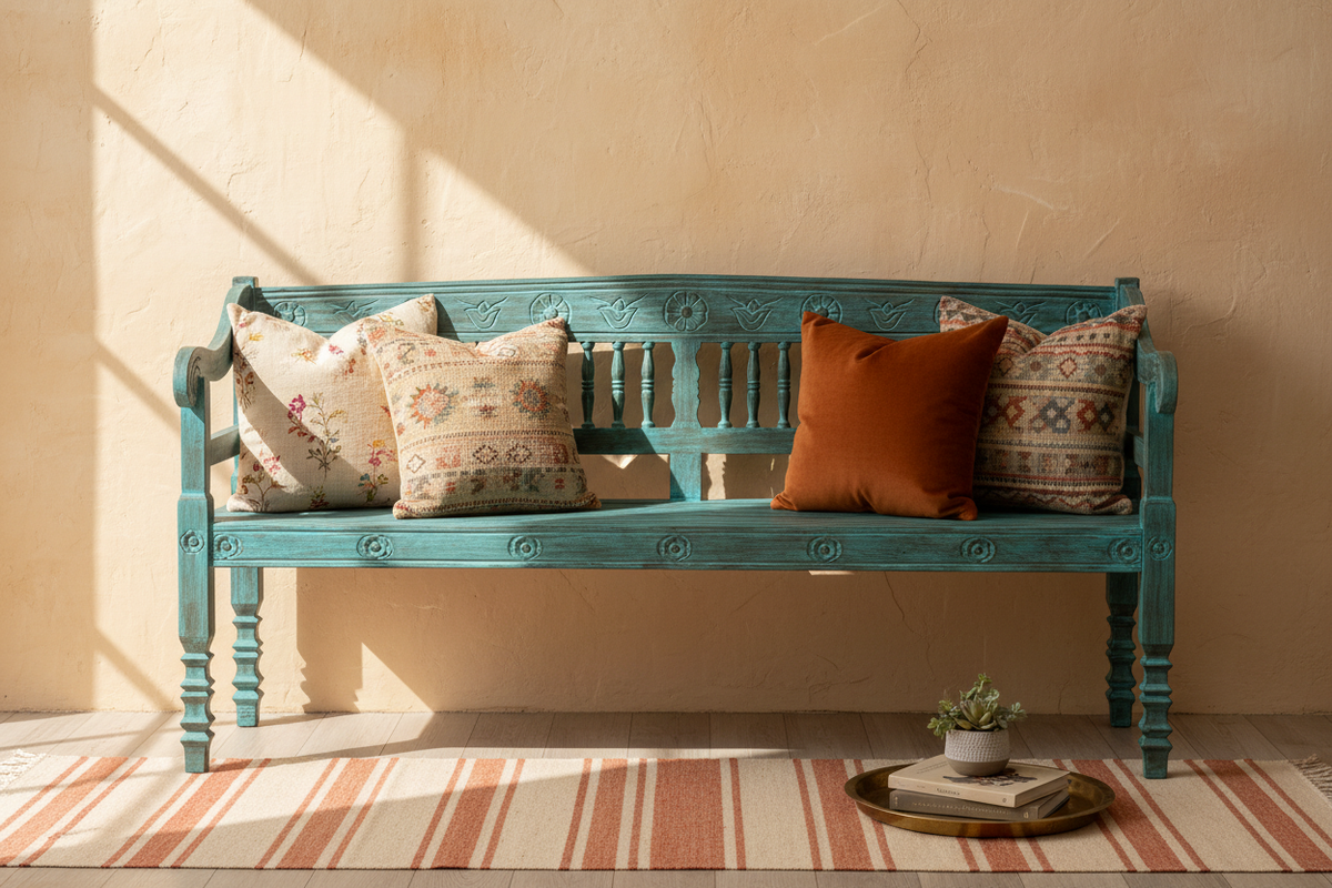 Teal Carved Bench — Entryway Setting
