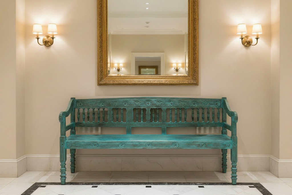 Teal Carved Bench — Hotel, No Cushions