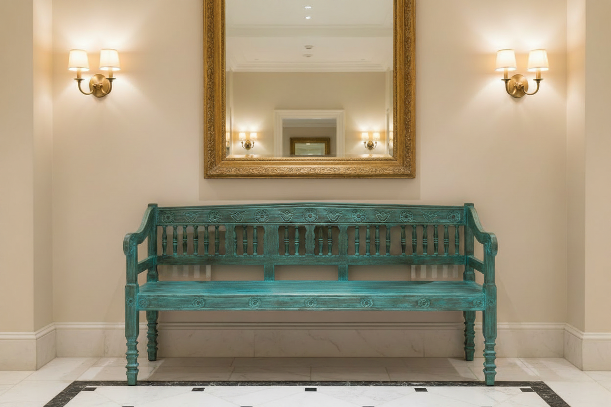 Teal Carved Bench — Hotel, No Cushions